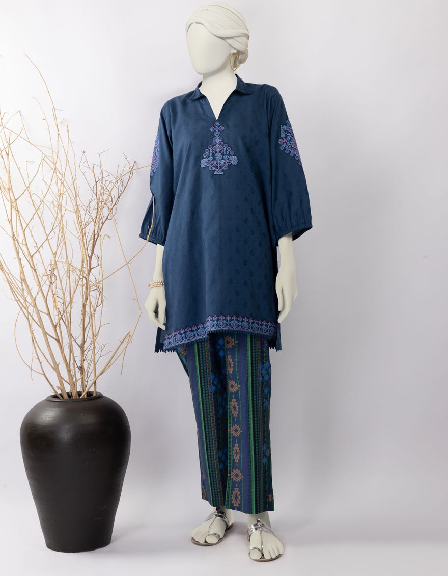 BLUE DOBBY EMBROIDERED 2PC STITCHED