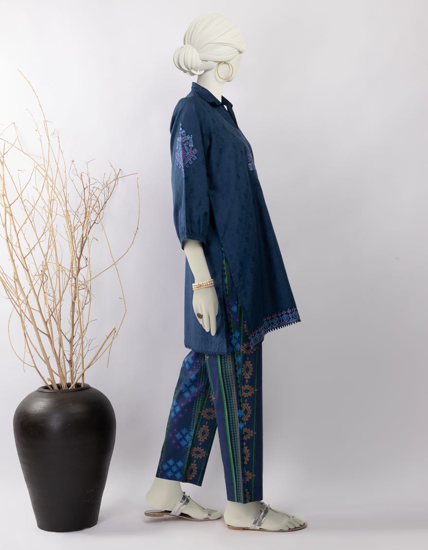BLUE DOBBY EMBROIDERED 2PC STITCHED