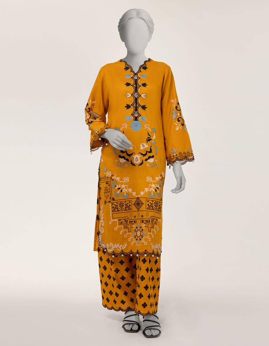 YELLOW LAWN EMBROIDERED STITCHED 2PC