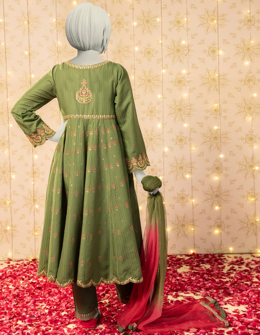 GREEN TEXTURED EMBROIDERED 3PC STITCHED