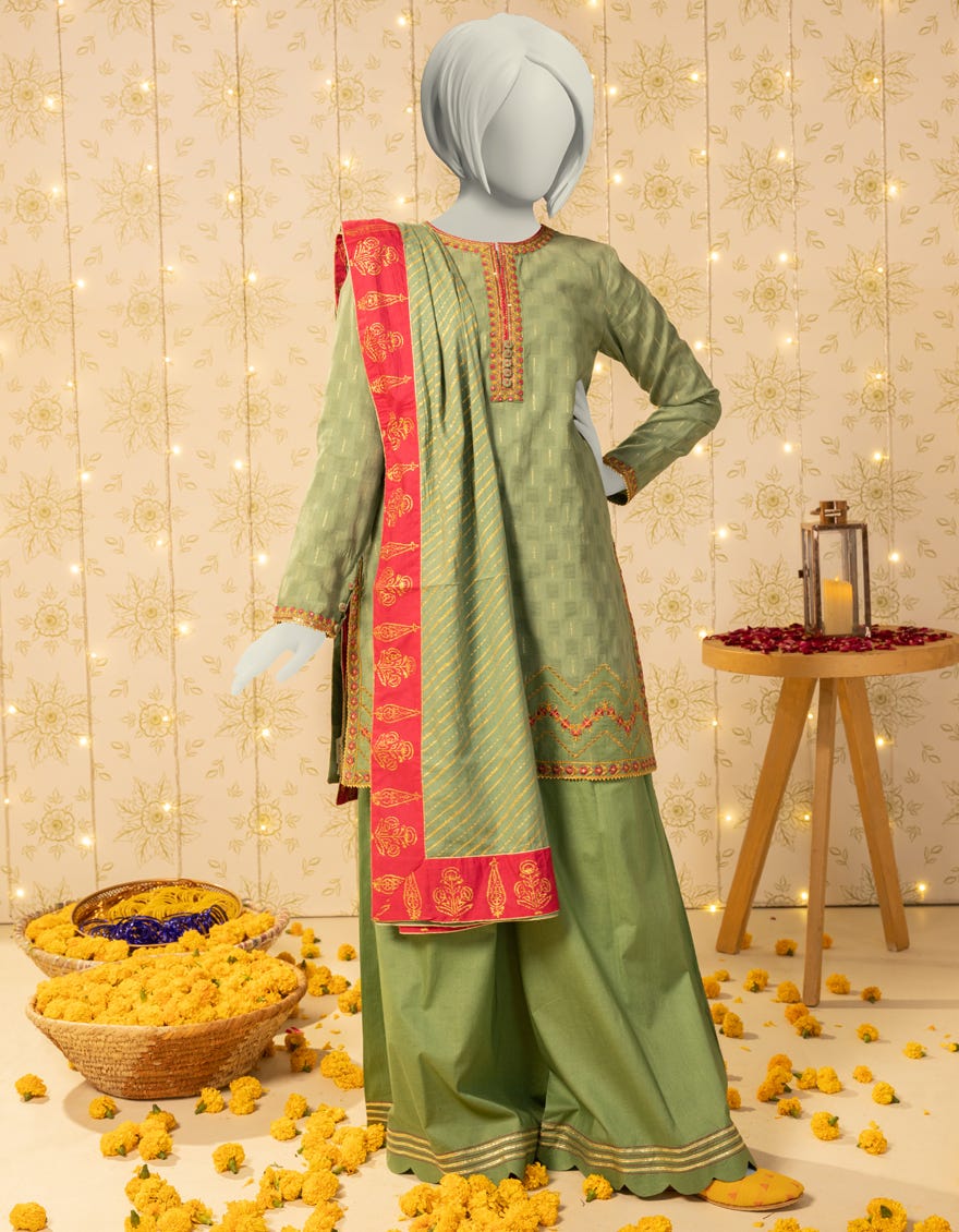 GREEN DOBBY EMBROIDERED 3PC STITCHED