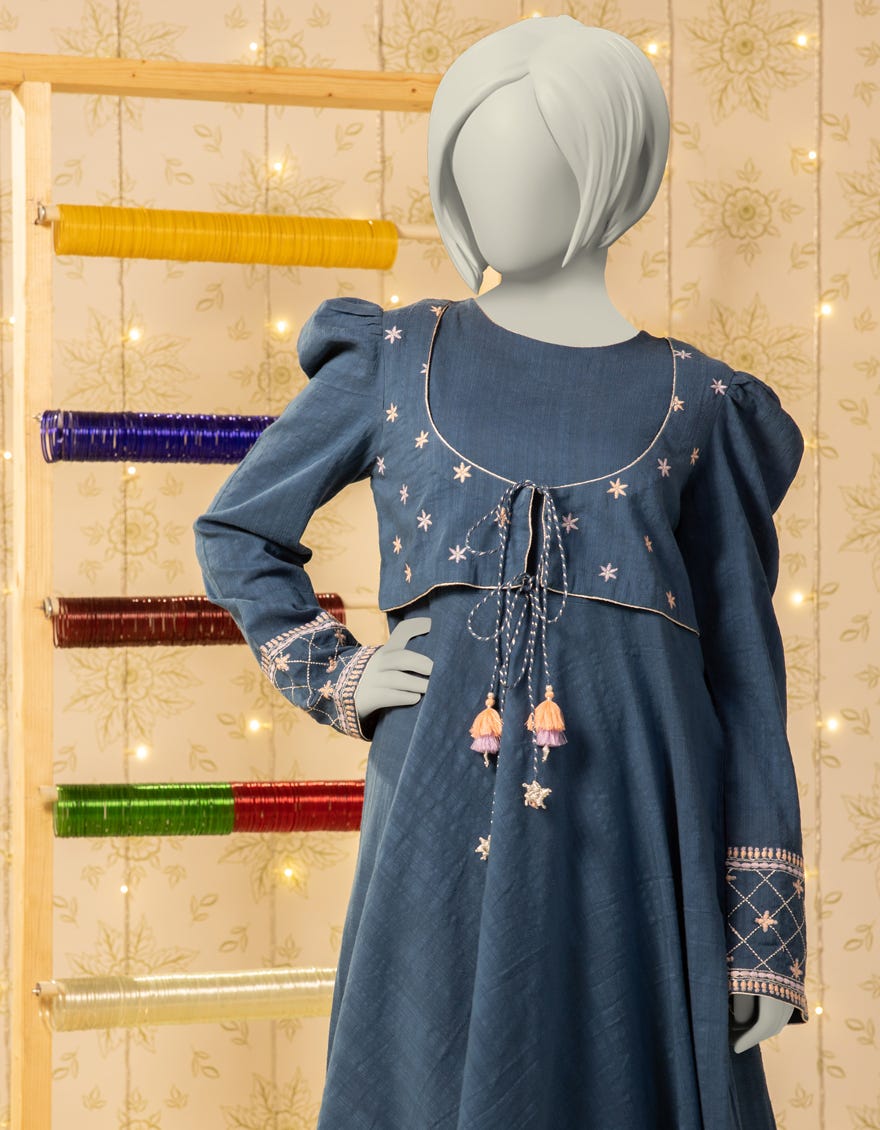 BLUE TEXTURED EMBROIDERED KURTI