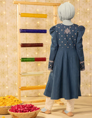 BLUE TEXTURED EMBROIDERED KURTI