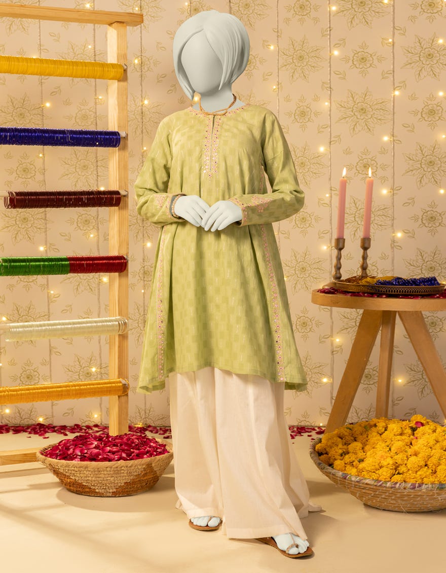 GREEN DOBBY EMBROIDERED KURTI