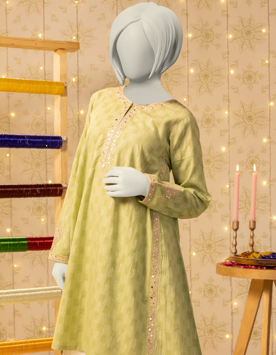 GREEN DOBBY EMBROIDERED KURTI