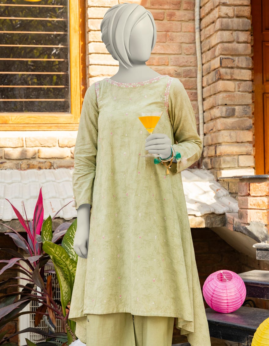 GREEN TEXTURED EMBROIDERED 2PC | JGK-S-JTST-25-408
