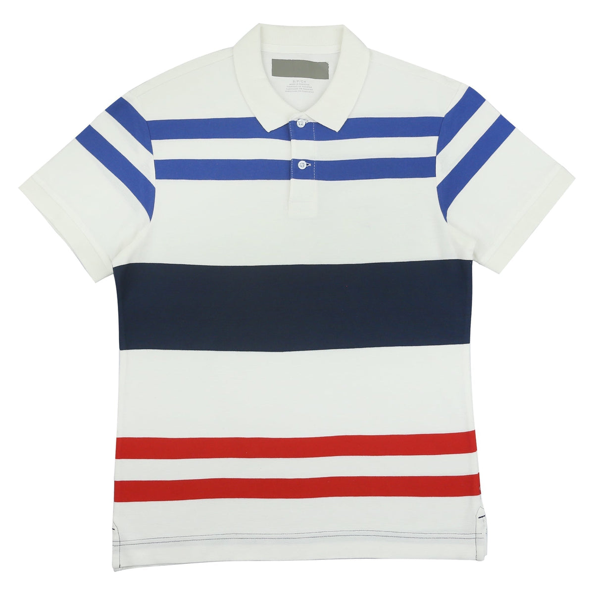 POLO (MEN) - WHITE WITH BLUE BLACK & RED STRIPES