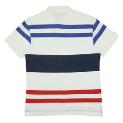 POLO (MEN) - WHITE WITH BLUE BLACK & RED STRIPES