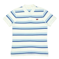 POLO (MEN) - WHITE WITH BLUE & SKY BLUE STRIPES