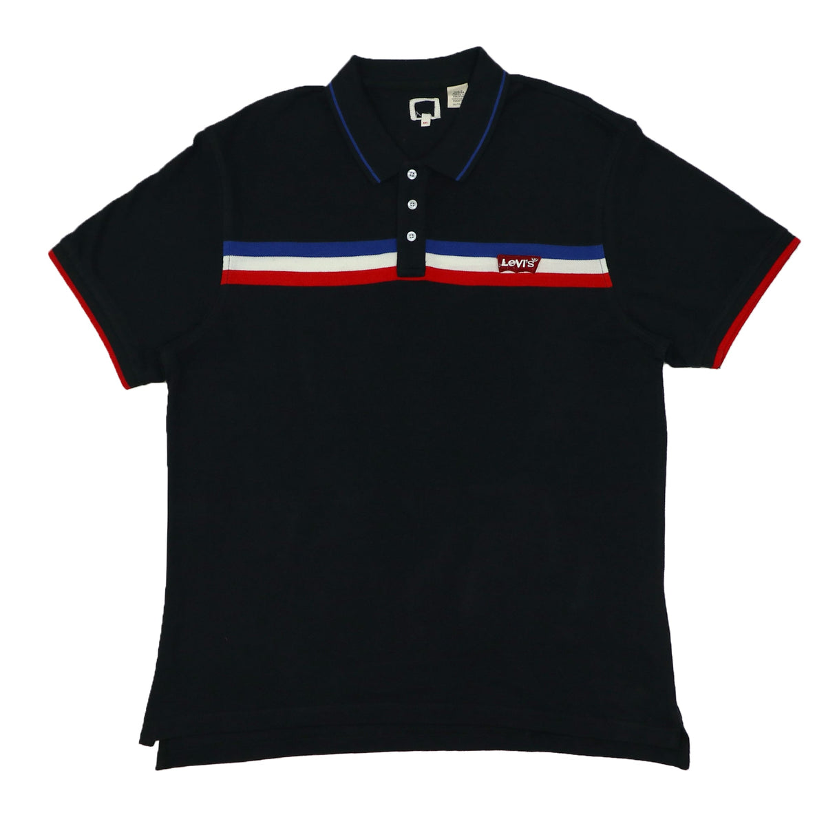 POLO (MEN) - BLACK WITH BLUE WHITE & RED STRIPES ON CHEST