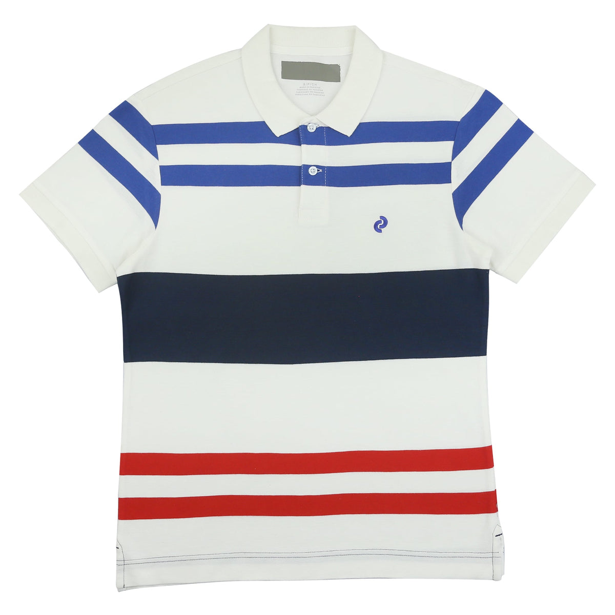 POLO (MEN) - WHITE WITH BLUE BLACK & RED STRIPES