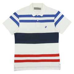 POLO (MEN) - WHITE WITH BLUE BLACK & RED STRIPES