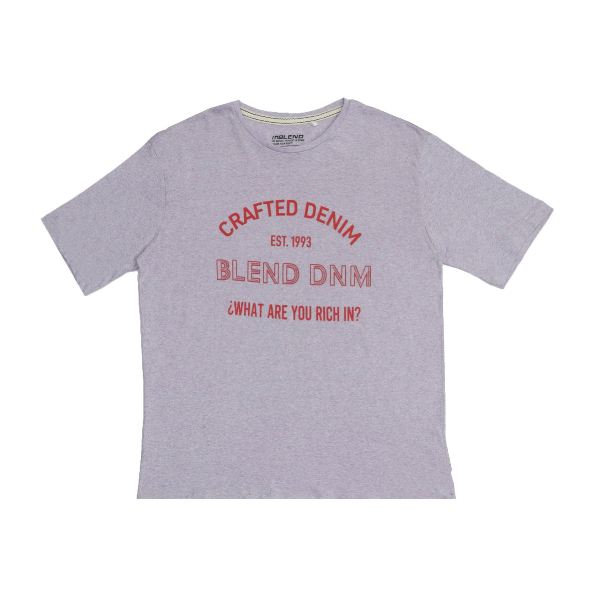 ROUND NECK (MEN) - LIGHT PURPLE WITH RED PRINT (CRAFTED DENIM)