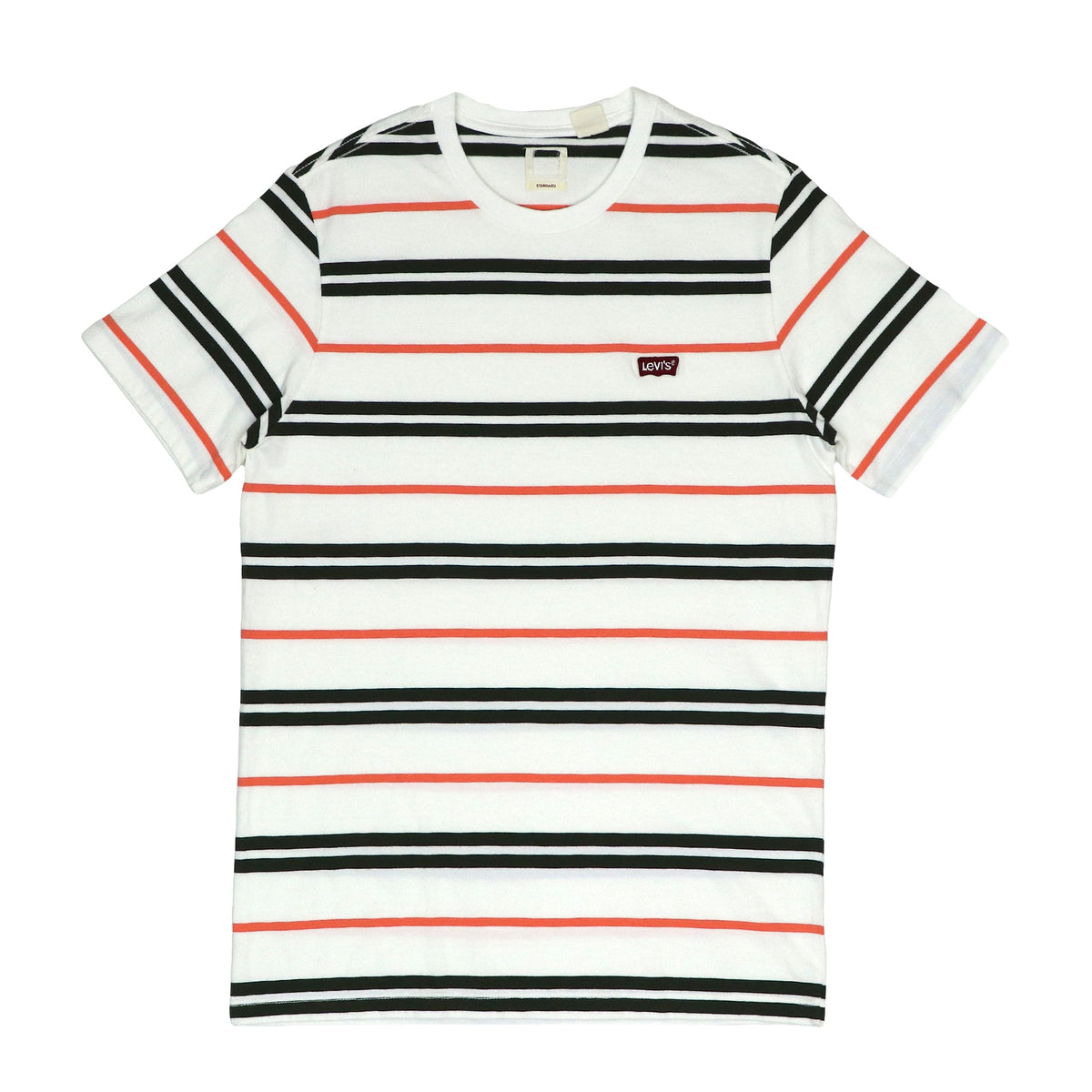 ROUND NECK (MEN) - WHITE WITH BLACK & ORANGE LINES