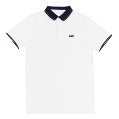 POLO (MEN) -WHITE WITH BLUE COLLAR & RED STRIPS