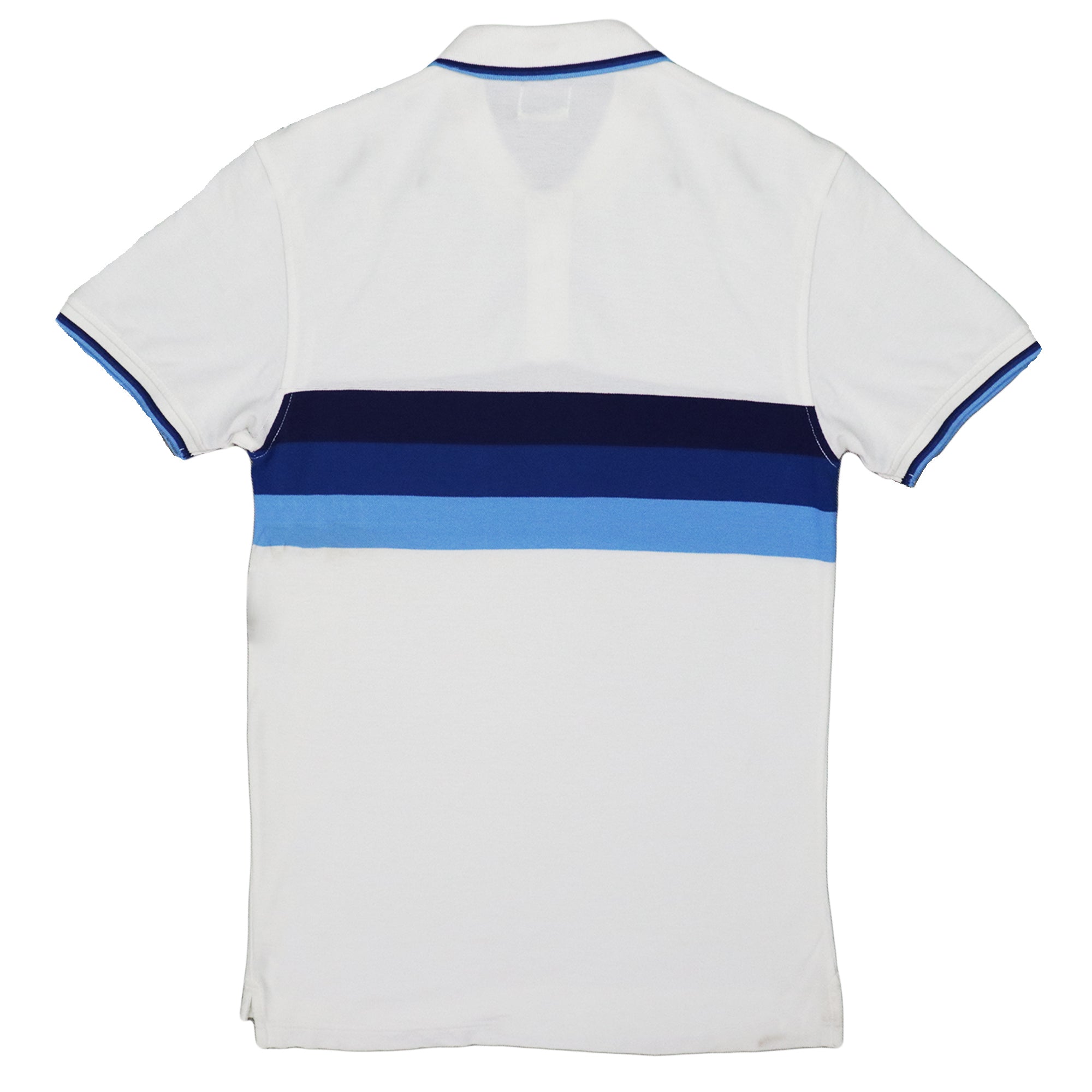 POLO (MEN) - WHITE WITH LIGHT MID DARK BLUE CHEST STRIPES
