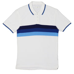 POLO (MEN) - WHITE WITH LIGHT MID DARK BLUE CHEST STRIPES