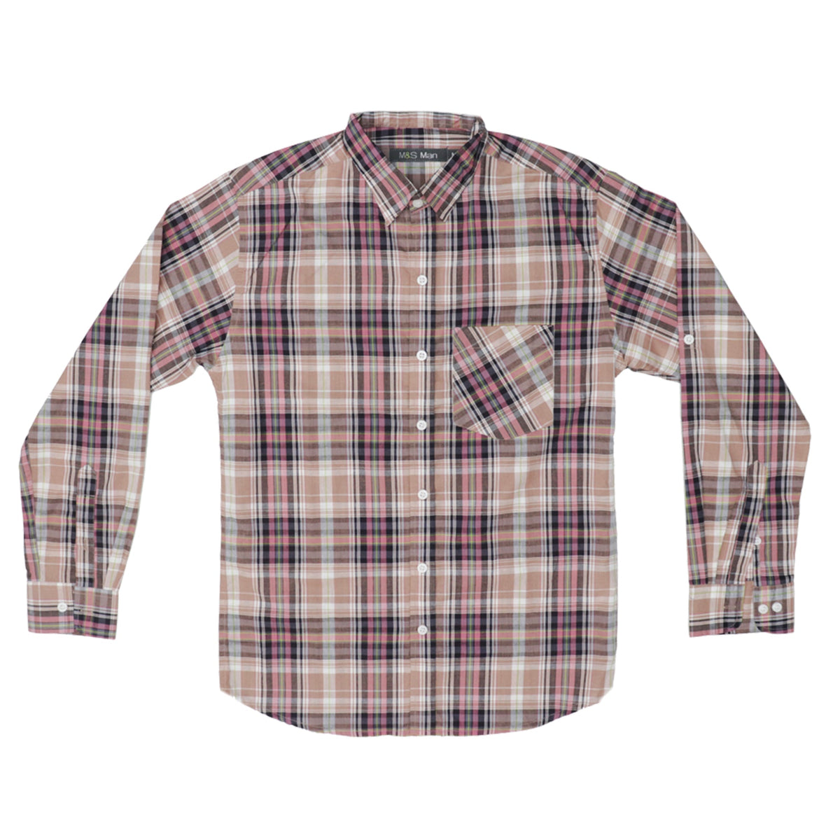 CASUAL SHIRT (MEN) -  LIGHT BROWN, PINK & WHITE CHECKS WITH FRONT POCKET